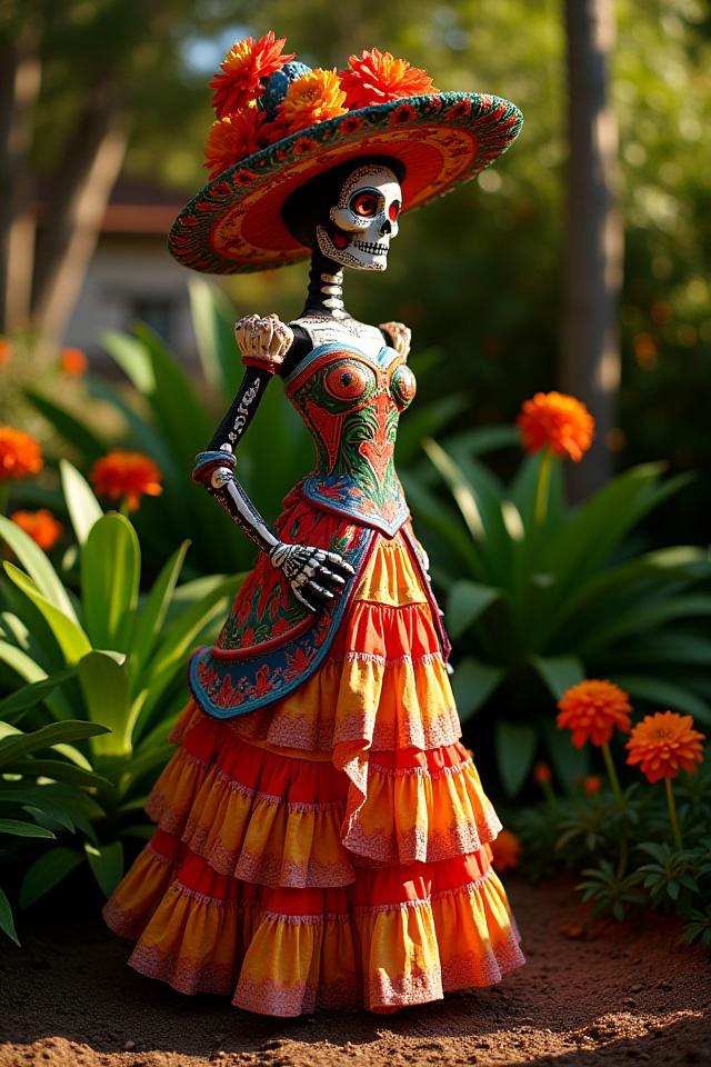 Gran escultura vibrante de una Catrina festiva con sombrero adornado, de pie en un jardín con follaje.