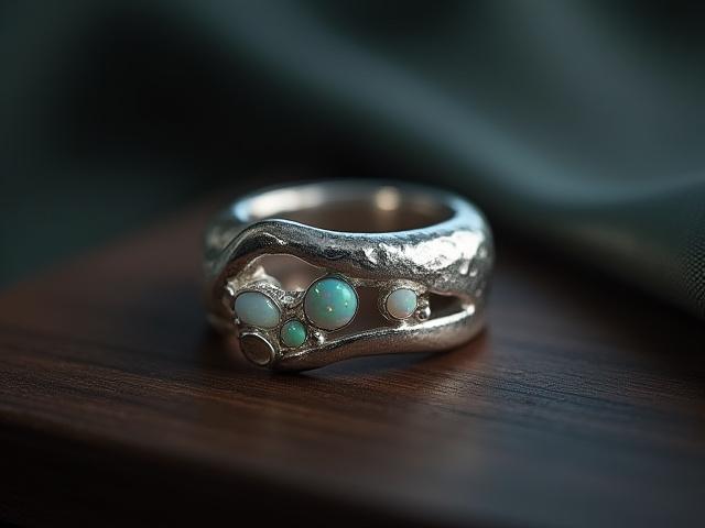 Juego de anillos y colgante de plata con incrustaciones de ópalo, finamente elaborados artesanalmente.