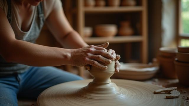 Manos de artesano moldeando arcilla sobre un torno de alfarero, con piezas de cerámica secándose en el fondo.