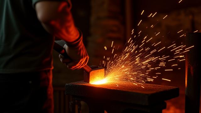 Herrero trabajando metal incandescente en la fragua, chispas volando. Herramientas de forja en el ambiente oscuro.