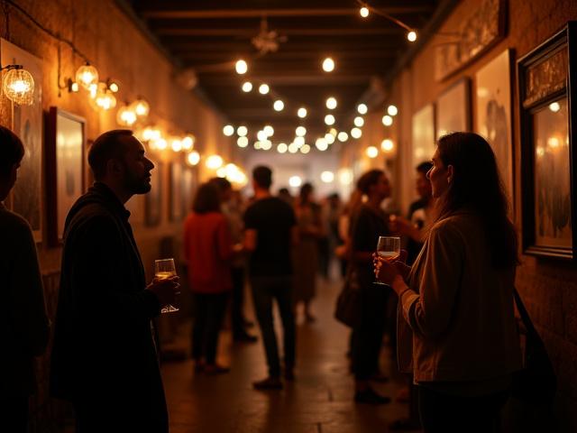 Imagen festiva de la Gran Venta Nocturna Anual de Alquimia Cafetera, con gente socializando, música y demostraciones de artesanía.