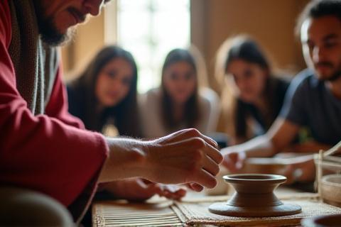 Un artesano experto demostrando técnicas de tejido a un grupo atento de estudiantes en un taller luminoso.