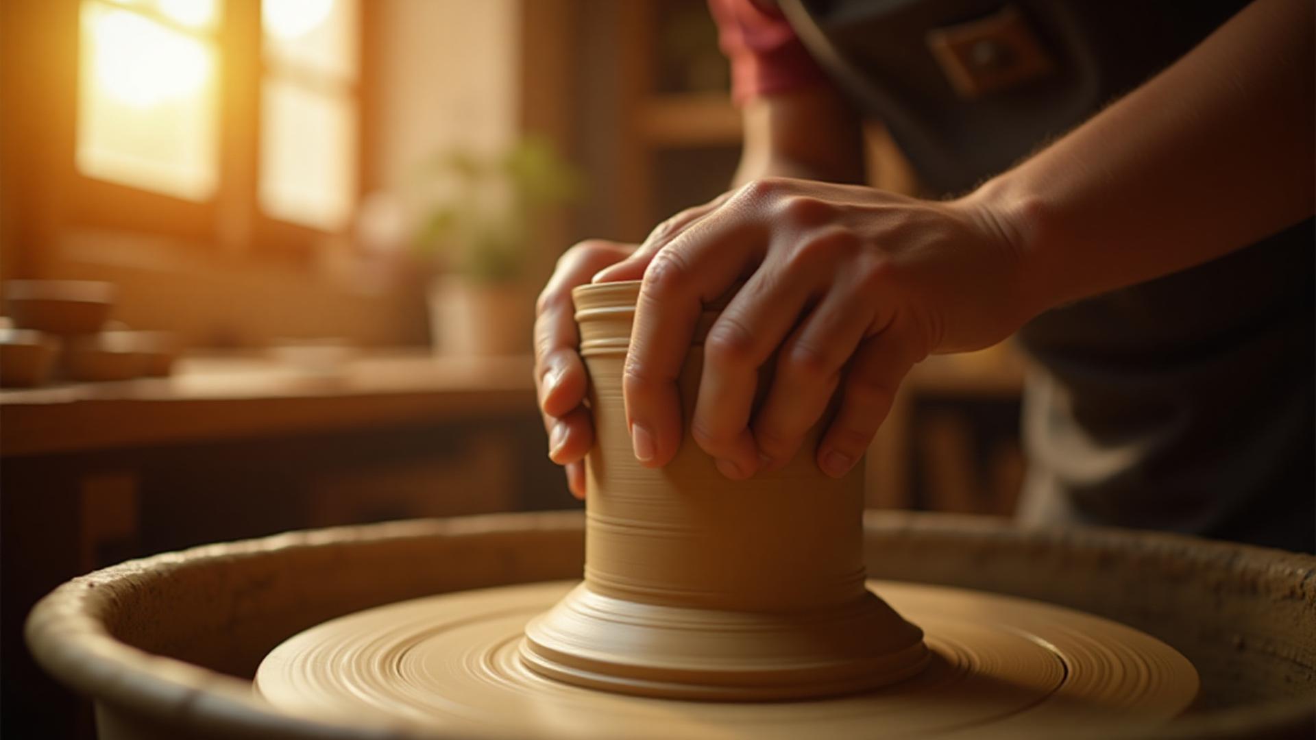 Manos de artesana trabajando arcilla en un torno de alfarero, con luz cálida entrando por una ventana.