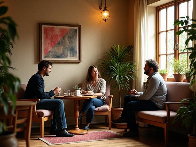 Artesanos relajándose y conversando en un área común o cafetería dentro de Alquimia Cafetera, con plantas y luz natural
