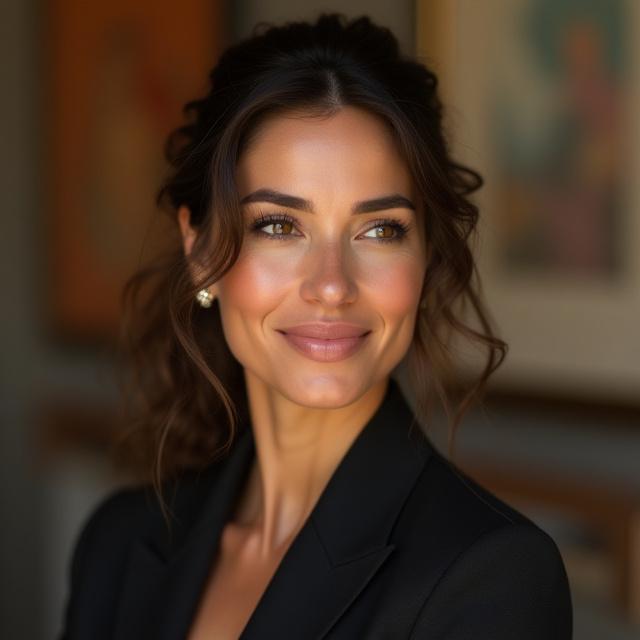 Retrato de Ana Valdés, sonriendo, con luz natural.