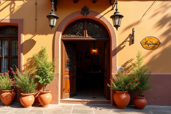La fachada de Alquimia Cafetera en San Miguel de Allende, una entrada acogedora adornada con macetas y elementos artesanales.